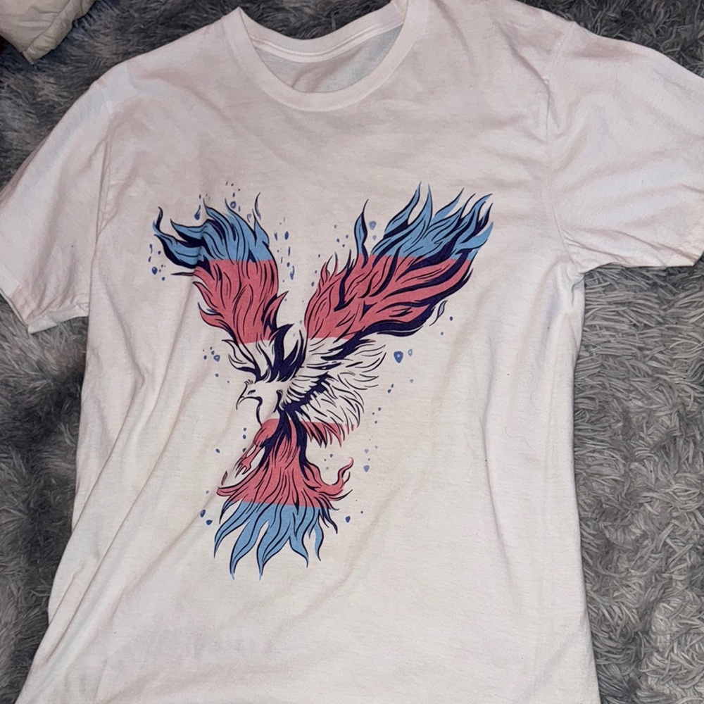 White Graphic T-Shirt with Red and Blue Design